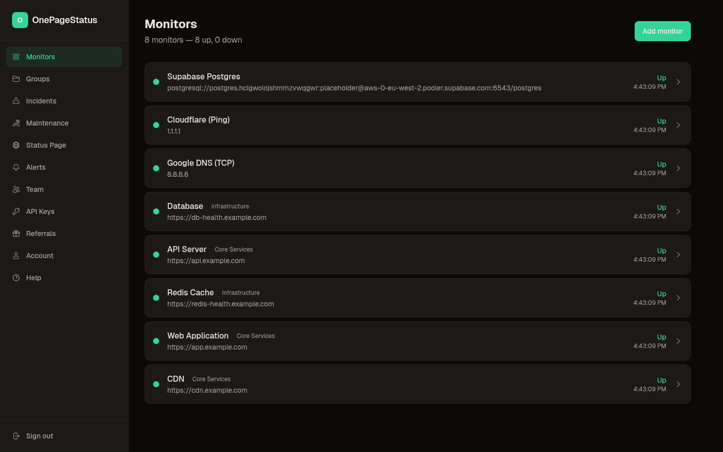 OnePageStatus dashboard showing monitors with status, component groups, and uptime data
