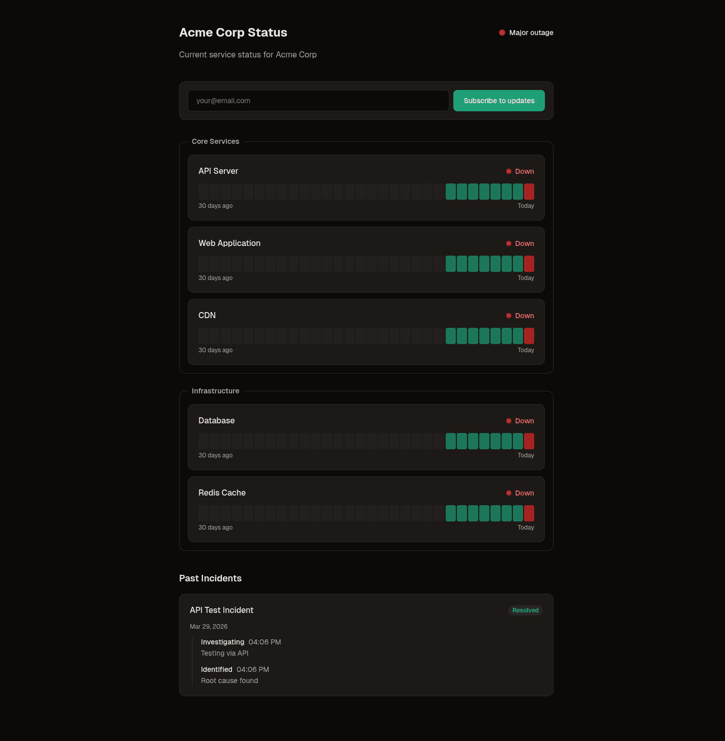 Public status page with uptime bars, incident timeline, and subscriber form