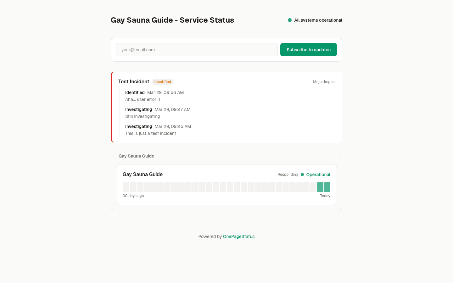 Public status page with uptime bars, incident timeline, and subscriber form